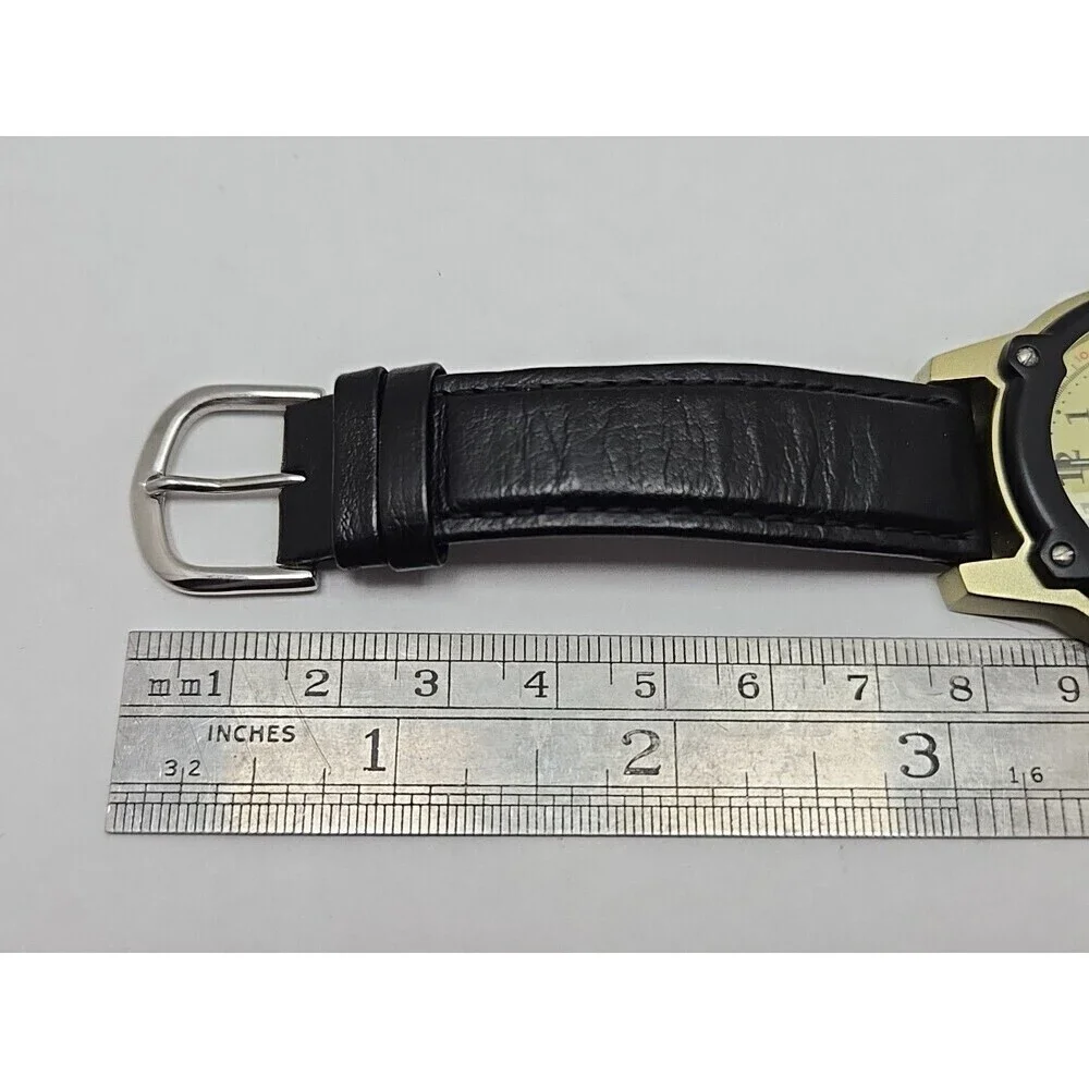 NRA Europa Quartz Watch Black Bezel Gold Tone Case Leather Band Mens New Battery